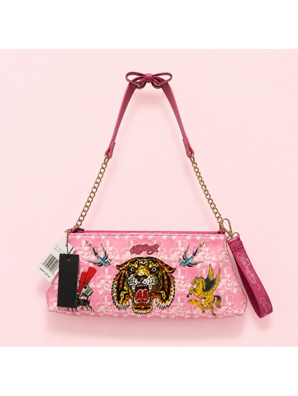 NWT Ed Hardy Pink Shoulder Bag Y2K Skull Print Gold Chain Purse Detachable Strap